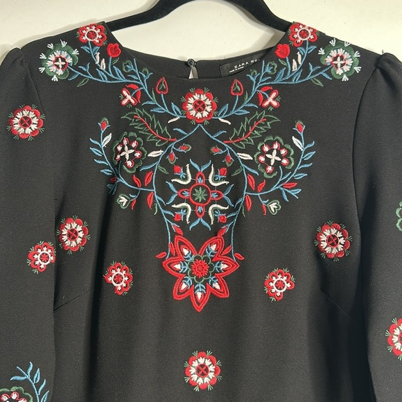 Zara black embroidered multi color midi dress size large cottage core long sleev - Picture 6 of 11